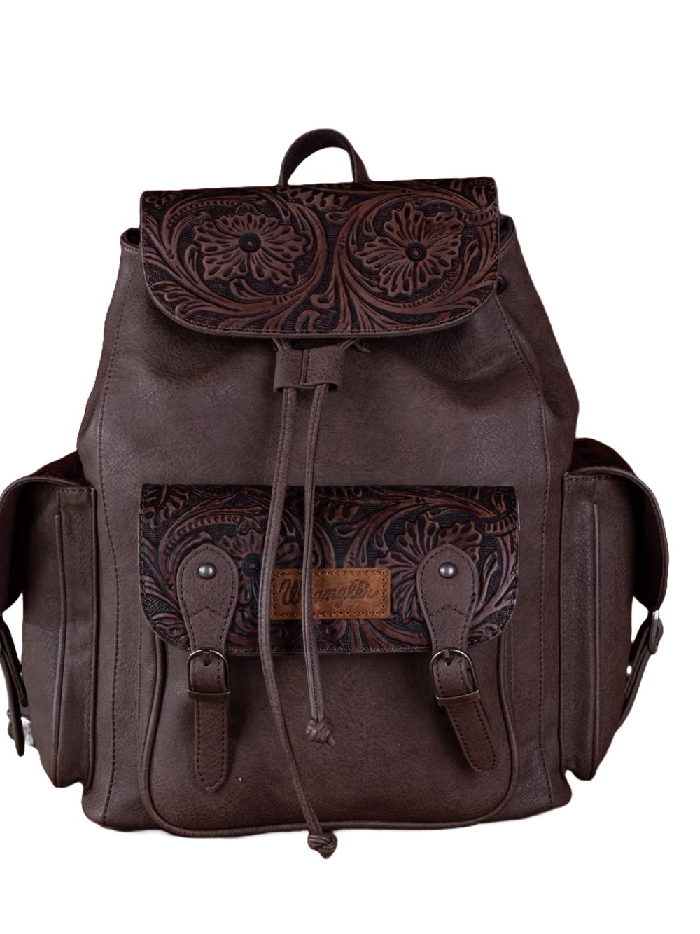 Wrangler Dark Brown Tooled Leather Backpack with Buckle Pockets